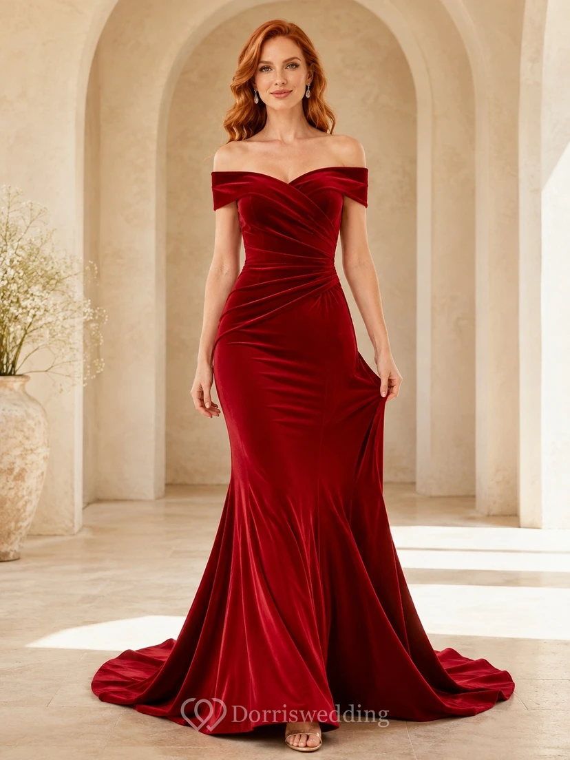 Claret Velvet Off-the-shoulder Mermaid Short Sleeve Ruched Sweep Train Evening Gown