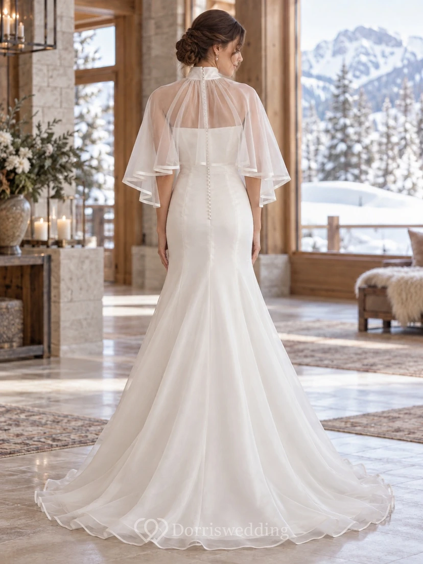 Vestido de novia corto con capa transparente de cuello alto y borde de cinta, estilo sirena, para invierno. view 2
