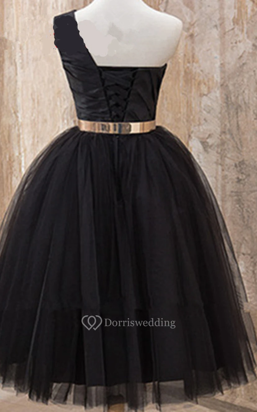 One-shoulder Knee-length A-line Tulle Dress With Lace Up Back view 2