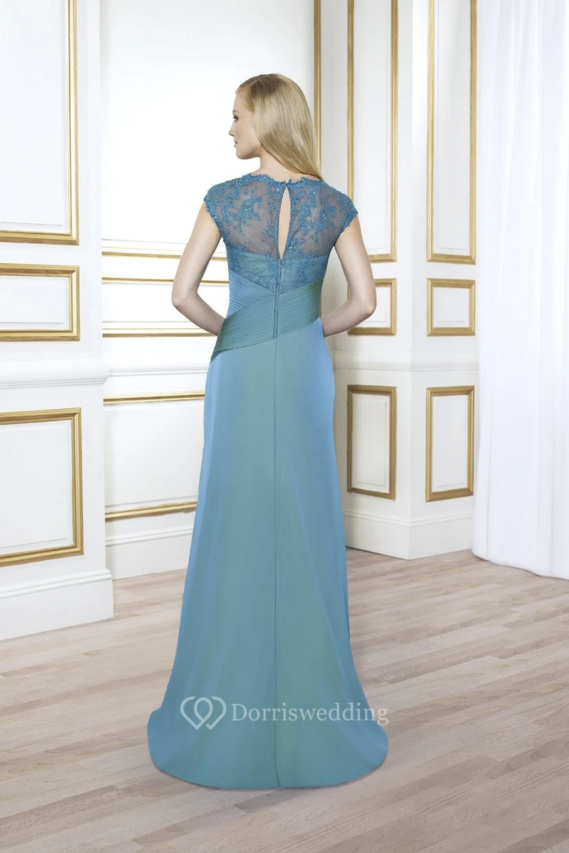 Appliqued Floor-Length Cap-Sleeve V-Neck Satin Formal Dress With Draping view 2