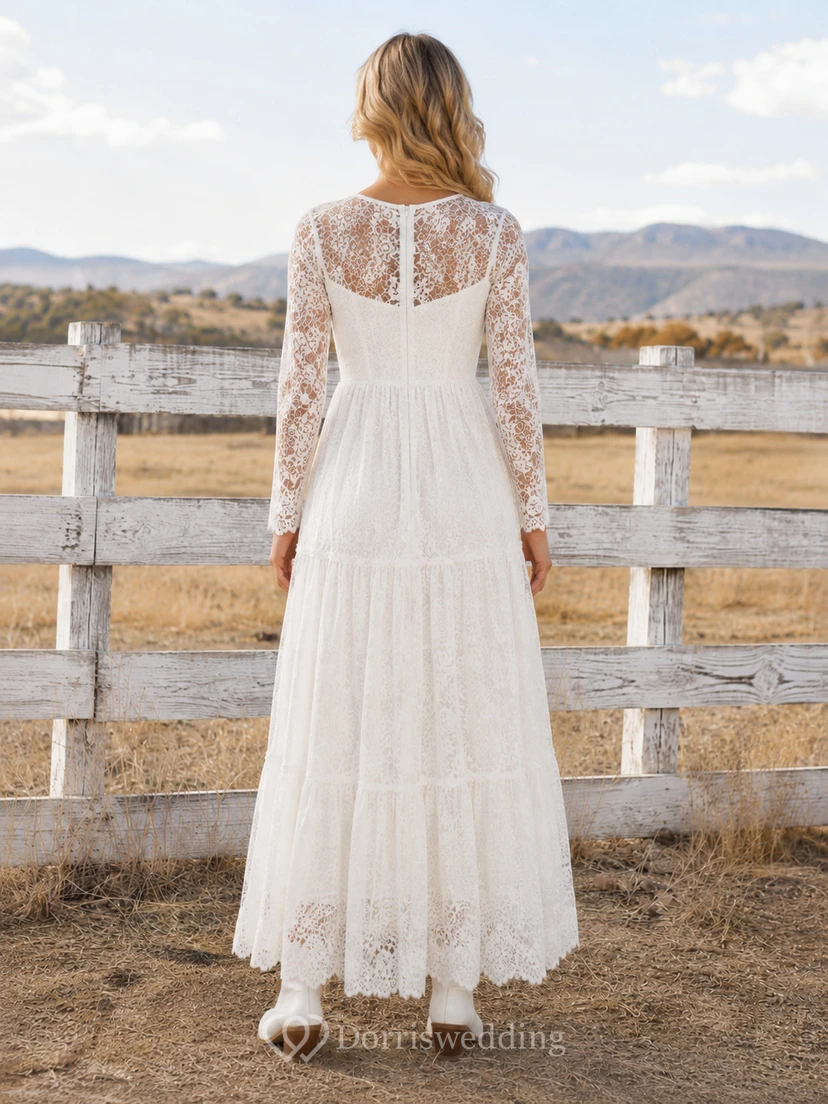 Robe de mariée champêtre rustique à manches longues en dentelle à volants et décolleté en A, style western view 2
