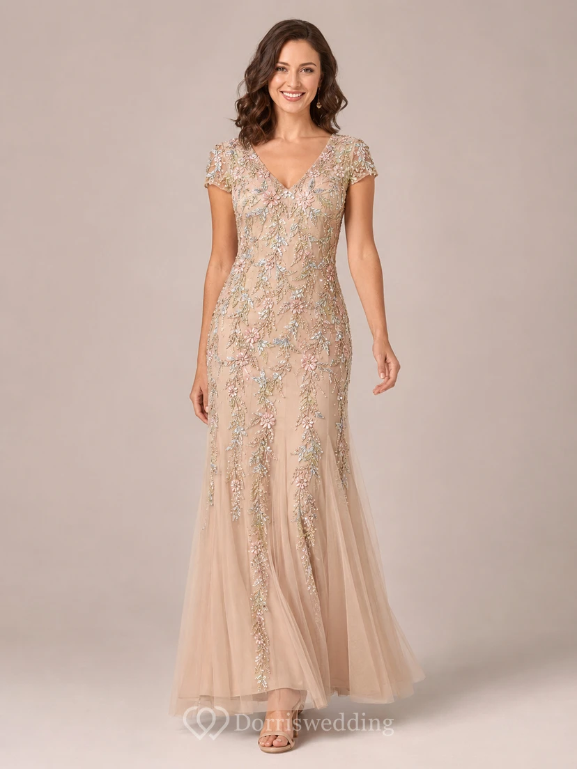 Champagne cap sleeve lace sheath gown with soft tulle hem