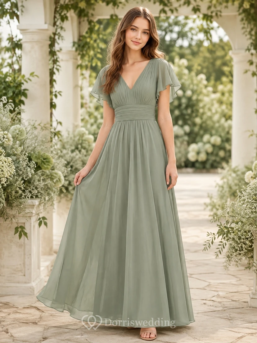 Elegantes Brautjungfernkleid in Celadon-Optik, A-Linie, V-Ausschnitt, kurze Ärmel