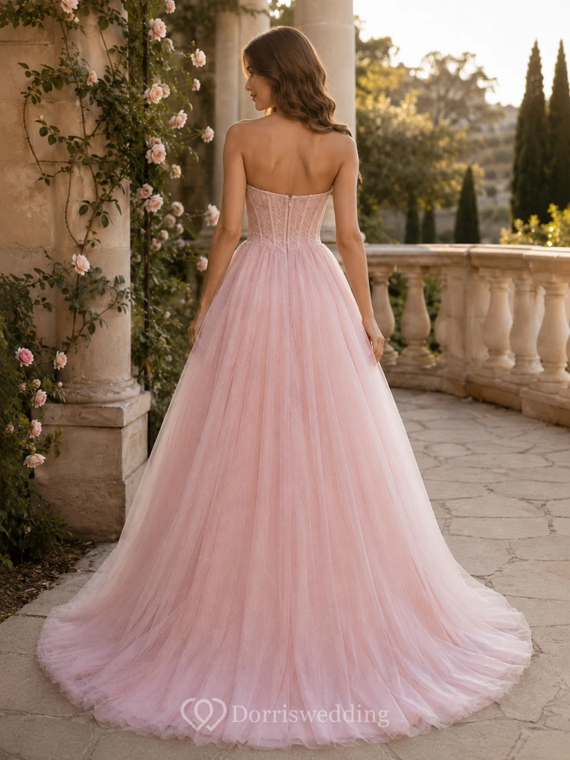 Blush Strapless Sweetheart Sheer Corset Tulle A-Line Floor Length Prom Dress view 2