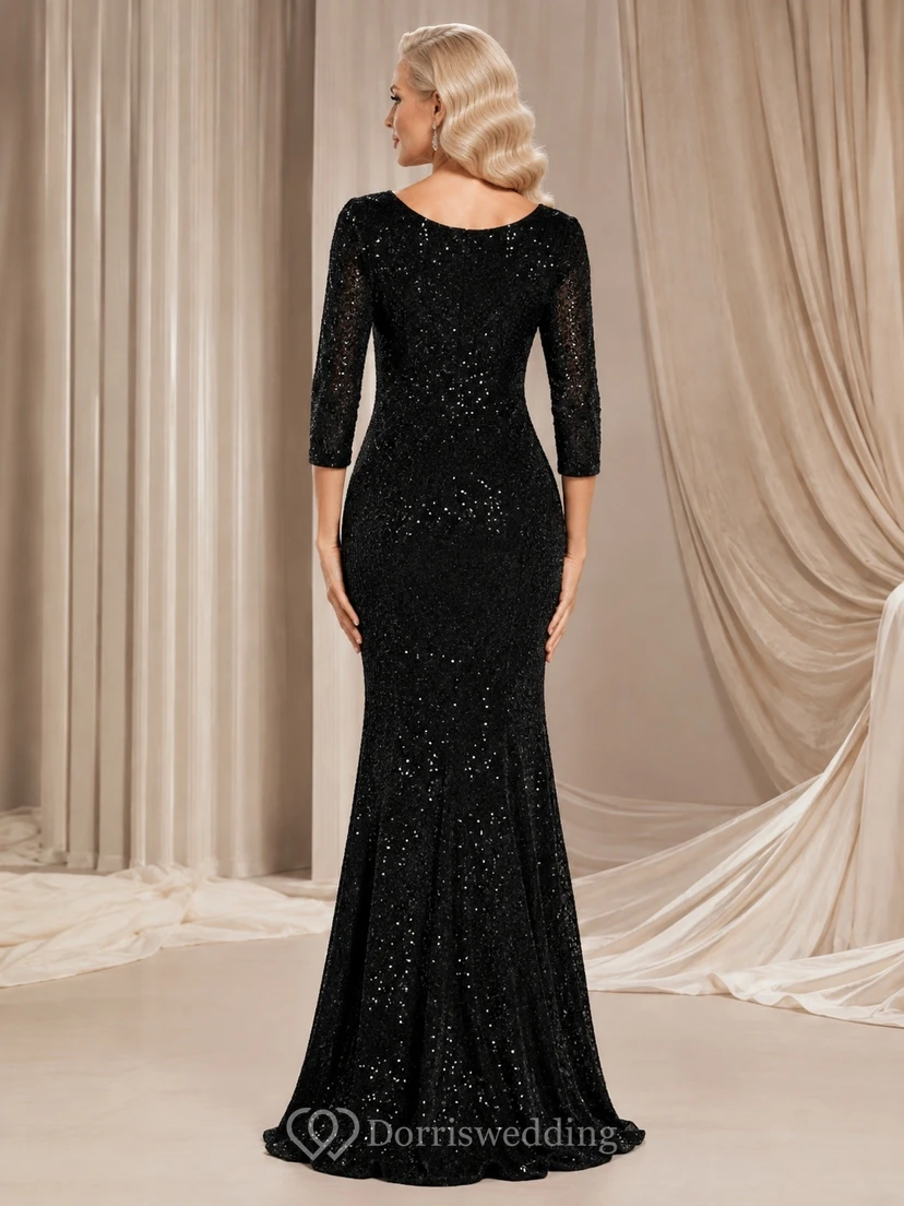 Vestido de noche de sirena negro con lentejuelas, cuello alto y manga larga view 2