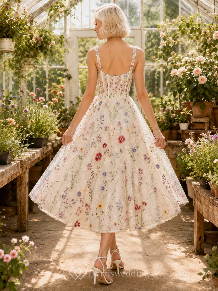 Colorful Floral Embroidered Tea Length Greenhouse Elopement Dress view 2