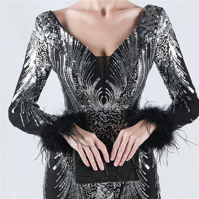Robe de soirée haut de gamme ornée de perles florales fixes et de poils d'autruche, hôte de la réunion annuelle d'hiver view 26