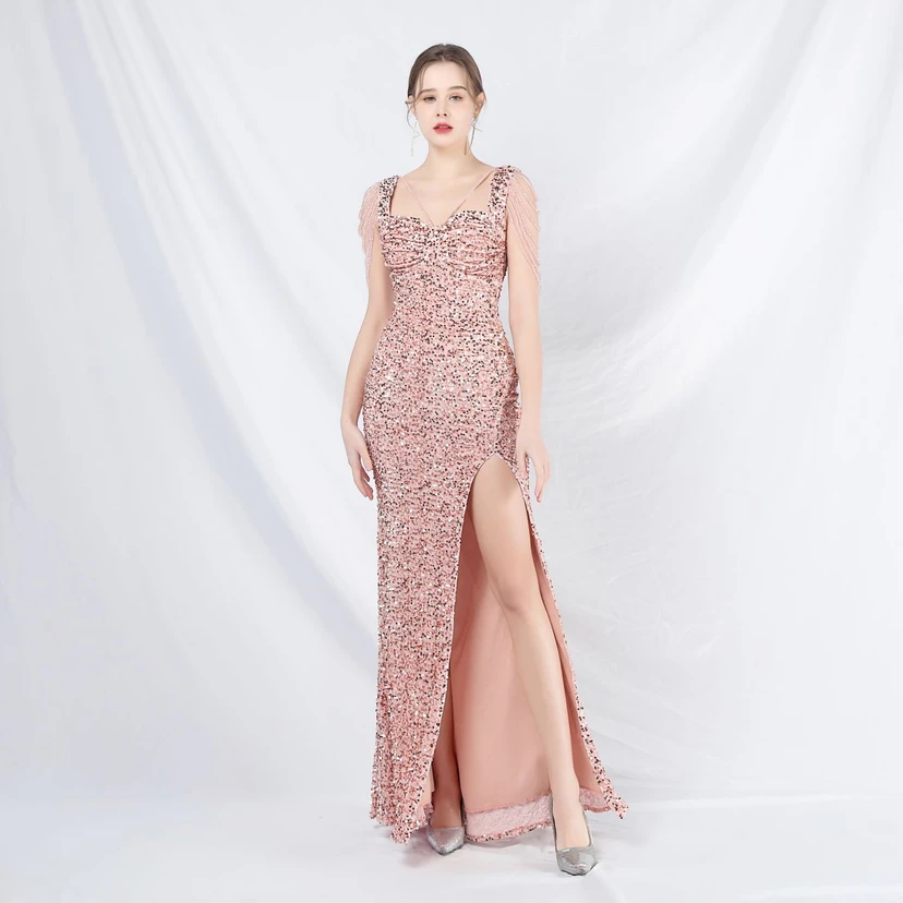 Ladies And Celebrities Formal Occasions Velvet-Bottomed Hand-Beaded Long Evening Dress view 2