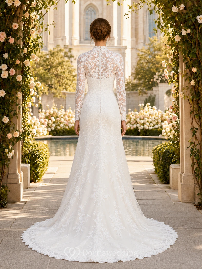 Modest Long Sleeve Lace Sheath Temple Garden Wedding Dress view 2