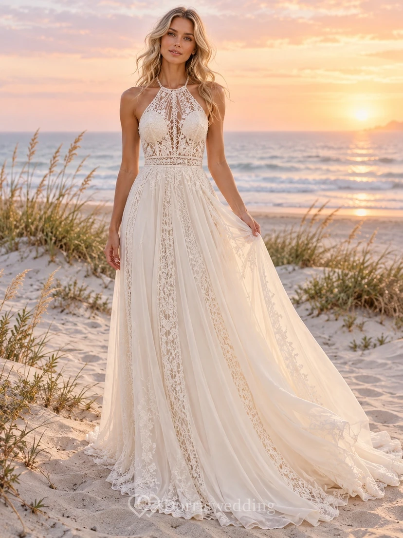Boho Halter Geometric Lace Chiffon A-line Train Wedding Dress