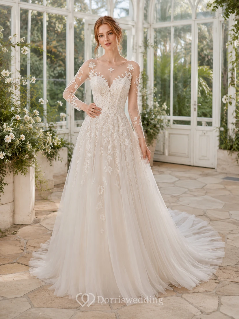 Robe de mariée romantique en dentelle et tulle, décolleté en V, coupe trapèze trois-quarts, appliques de chapelle, style cour élégante