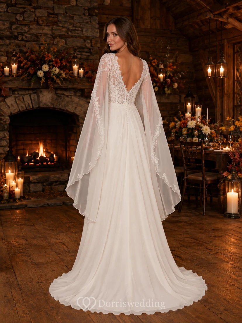 Fall Lodge V-Neck Cape Sleeve A-Line Wedding Dress view 2