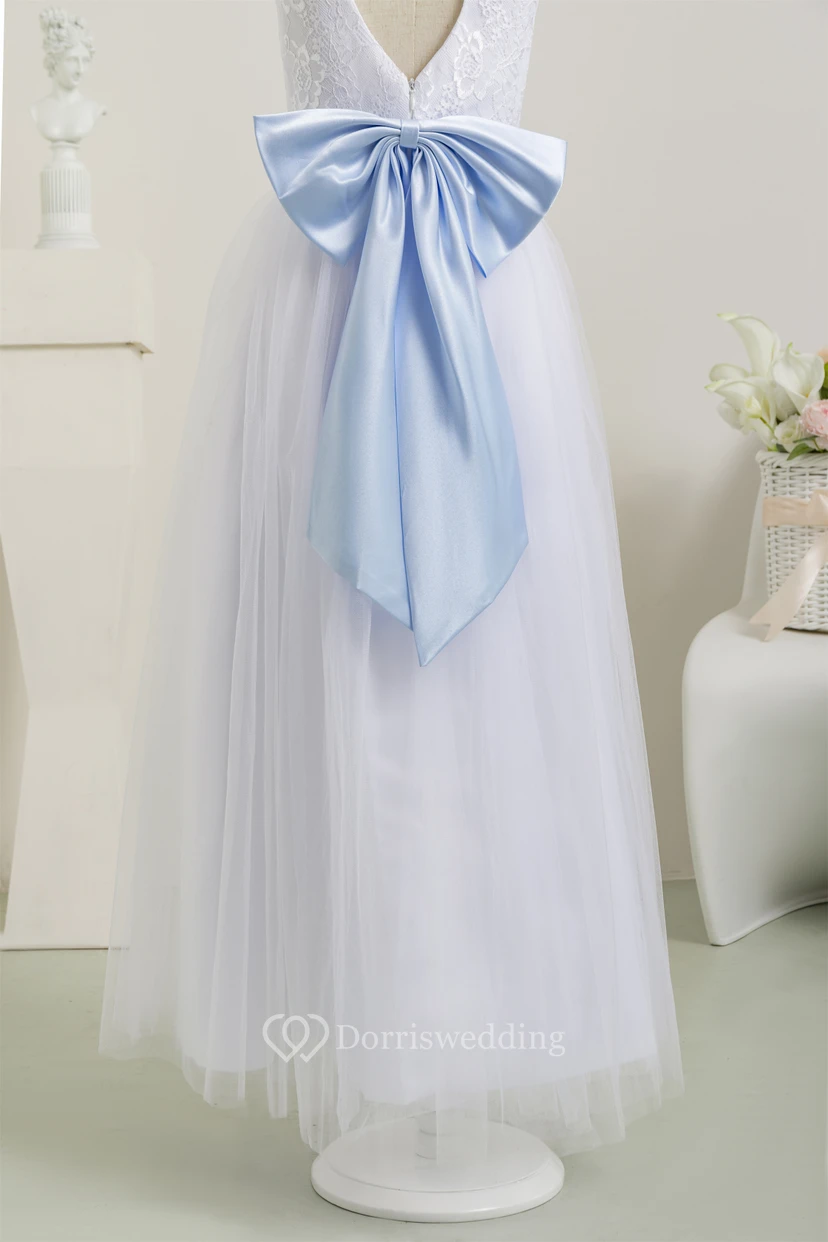 White Scoop Sleeveless Tulle A-line Communion Dress with Back Bow view 10