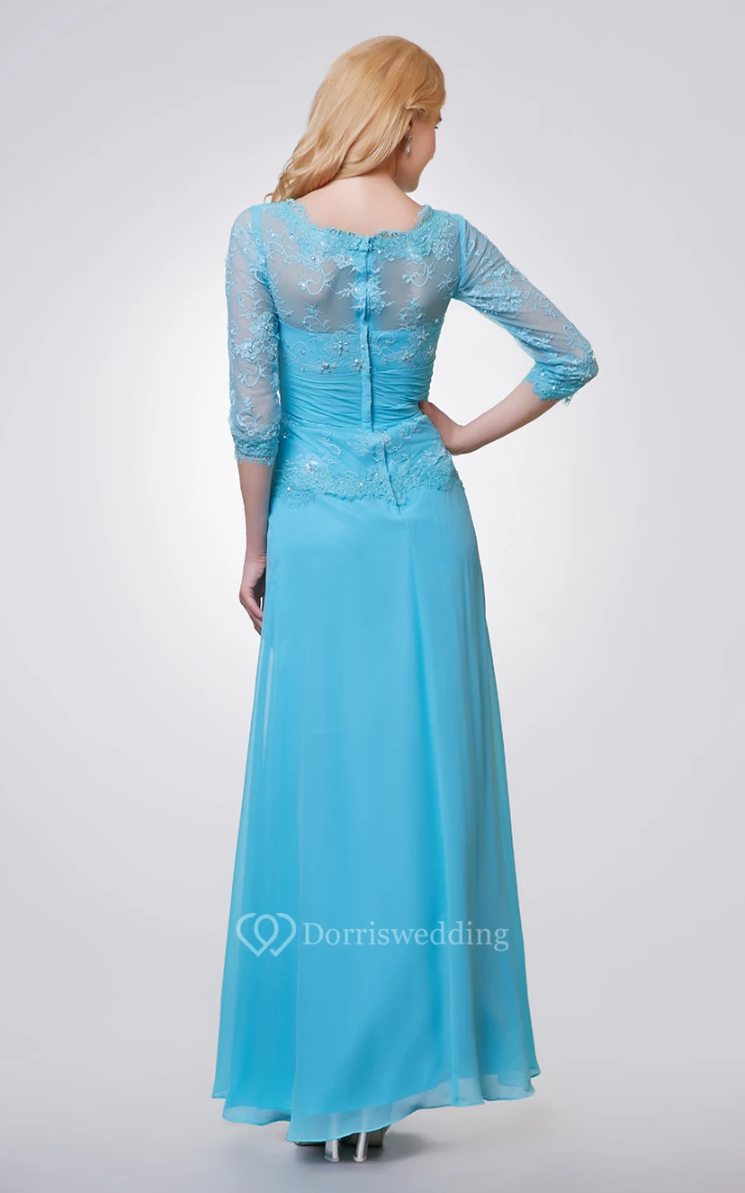 Langes Chiffon- und Spitzenkleid mit 3-4-langen Ärmeln und seitlicher Drapierung view 3