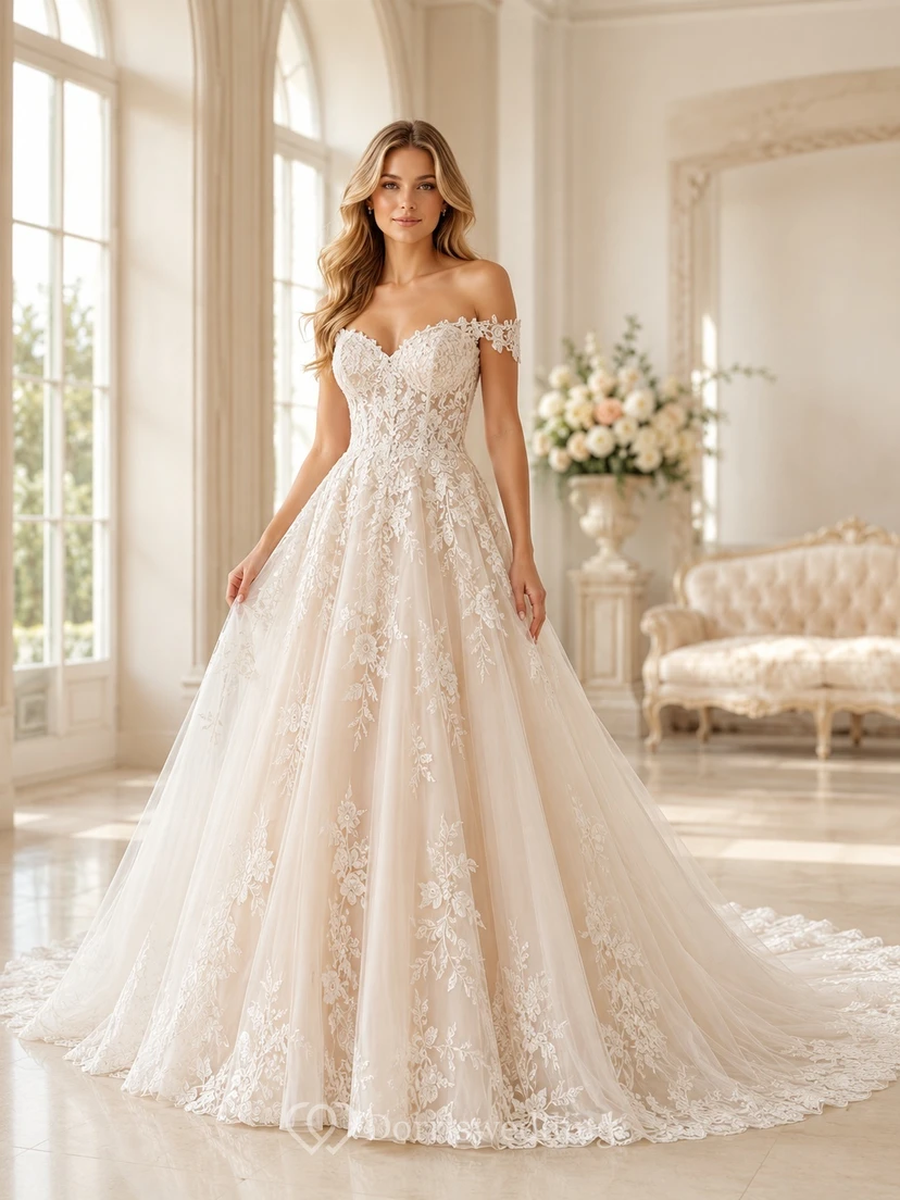 Champagnerfarbenes Brautkleid aus Spitze in A-Linie, schulterfrei, kurze Ärmel, Schleppe