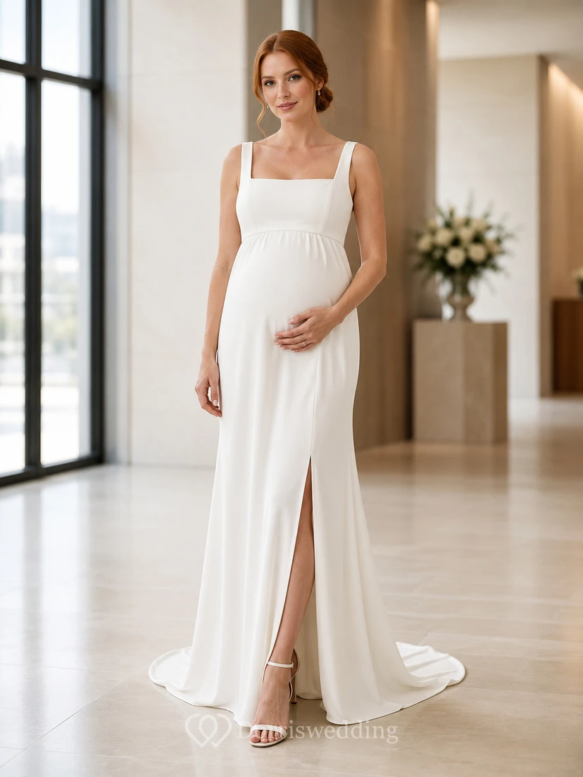 Modern Maternity Square Neck Sleeveless Satin Split Empire Civil Wedding Dress