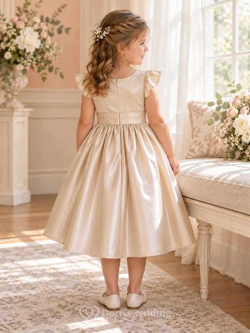 Teelanges, schlichtes champagnerfarbenes Sommerkleid in A-Linie aus Satin mit flatternden Ärmeln und Rosetten-Taille für Blumenmädchen view 2