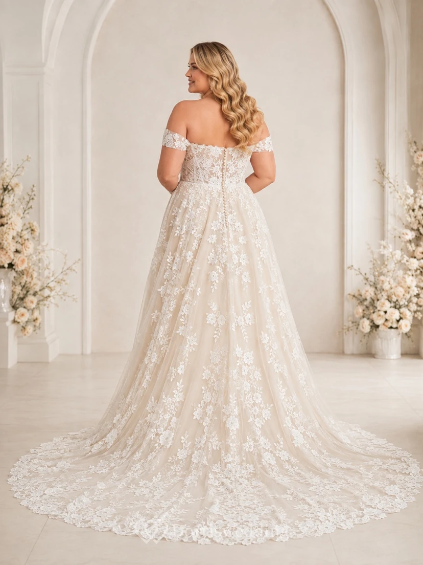 Champagnerfarbenes Brautkleid in Übergröße, A-Linie, aus Spitze, schulterfrei, kurze Ärmel, Kapellenschleppe view 2