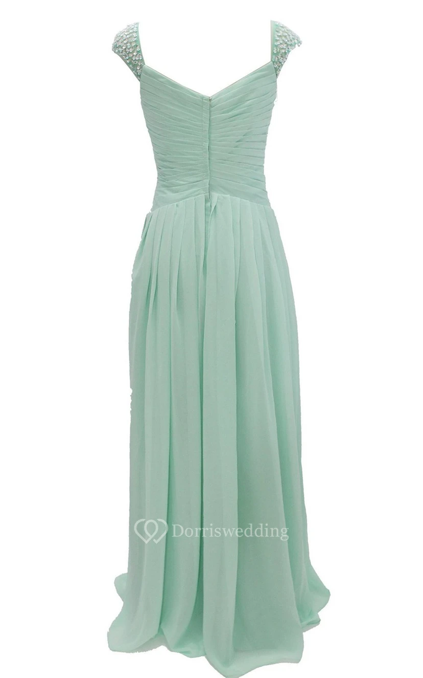 Cap-sleeve V-neck Chiffon A-line Gown With Crystal Detail view 9