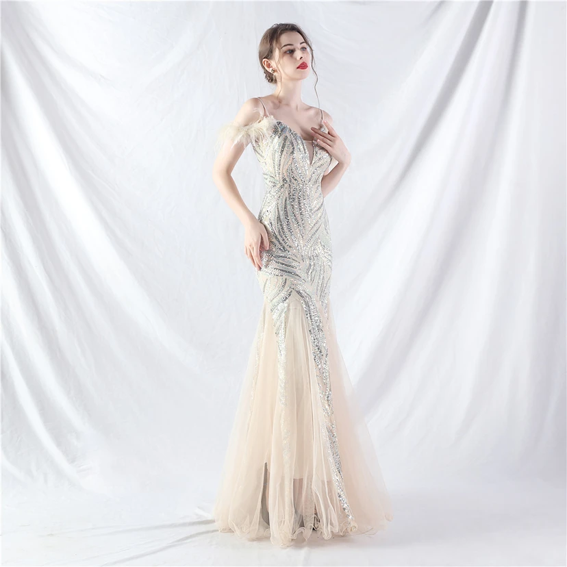 Crafted Ostrich Feather Stacked Sequins Splicing Mesh Gauze High-End Evening Dress Clothes view 73