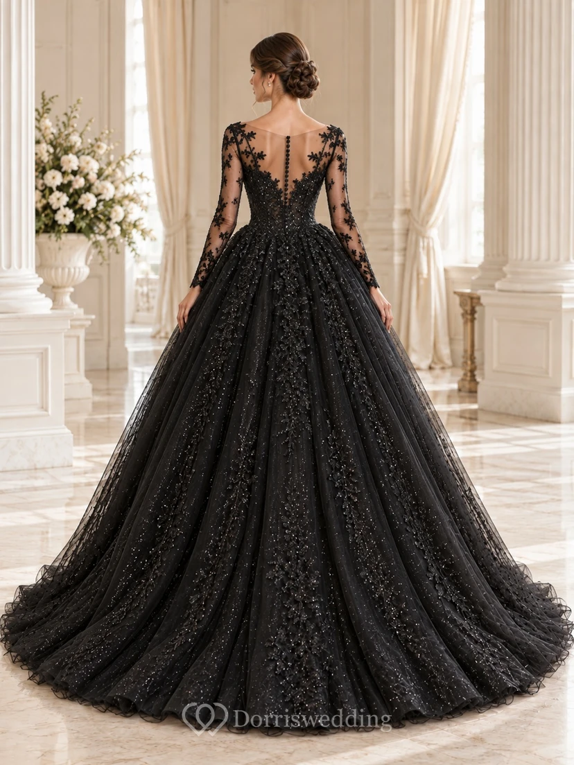 Black Long Sleeve Bateau Sparkling Floral Ball Gown Wedding Dress view 2