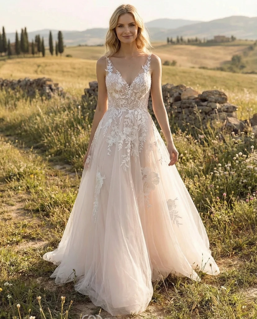 Robe de mariée trapèze en dentelle rose poudré avec col en V et appliques florales