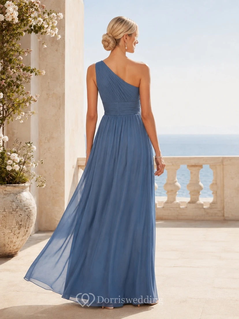 Steel Blue One-Shoulder Sleeveless Floor-Length Chiffon A-Line Maxi Dress view 2