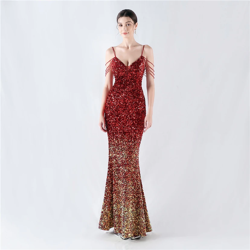 Velvet-Bottom Gradient Sequined Sexy Beaded Suspender Evening Dress view 20