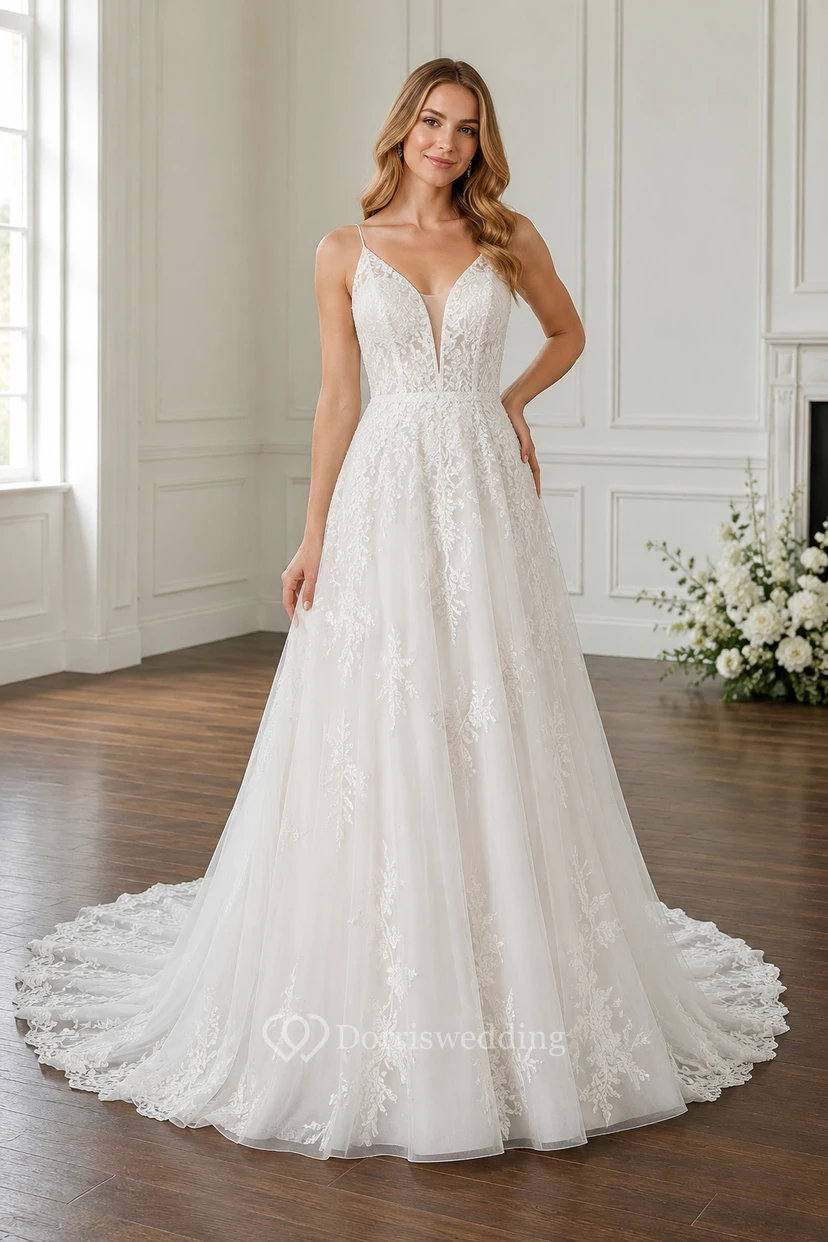 Robe de mariée trapèze en dentelle avec bretelles en V et traîne chapelle
