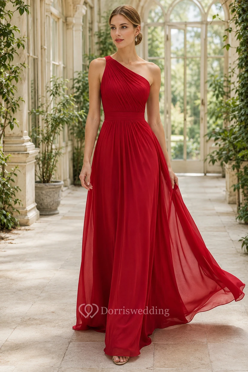 Rotes, schulterfreies A-Linien-Brautjungfernkleid aus Chiffon mit Seitenschlitz