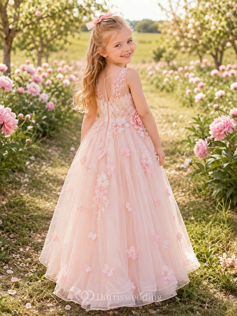 Blush Pink Peony Flower Girl Dress with Sleeveless Tulle A-Line, Cascading Ruffles, Floral Appliques, and Tea-Length Movement view 2