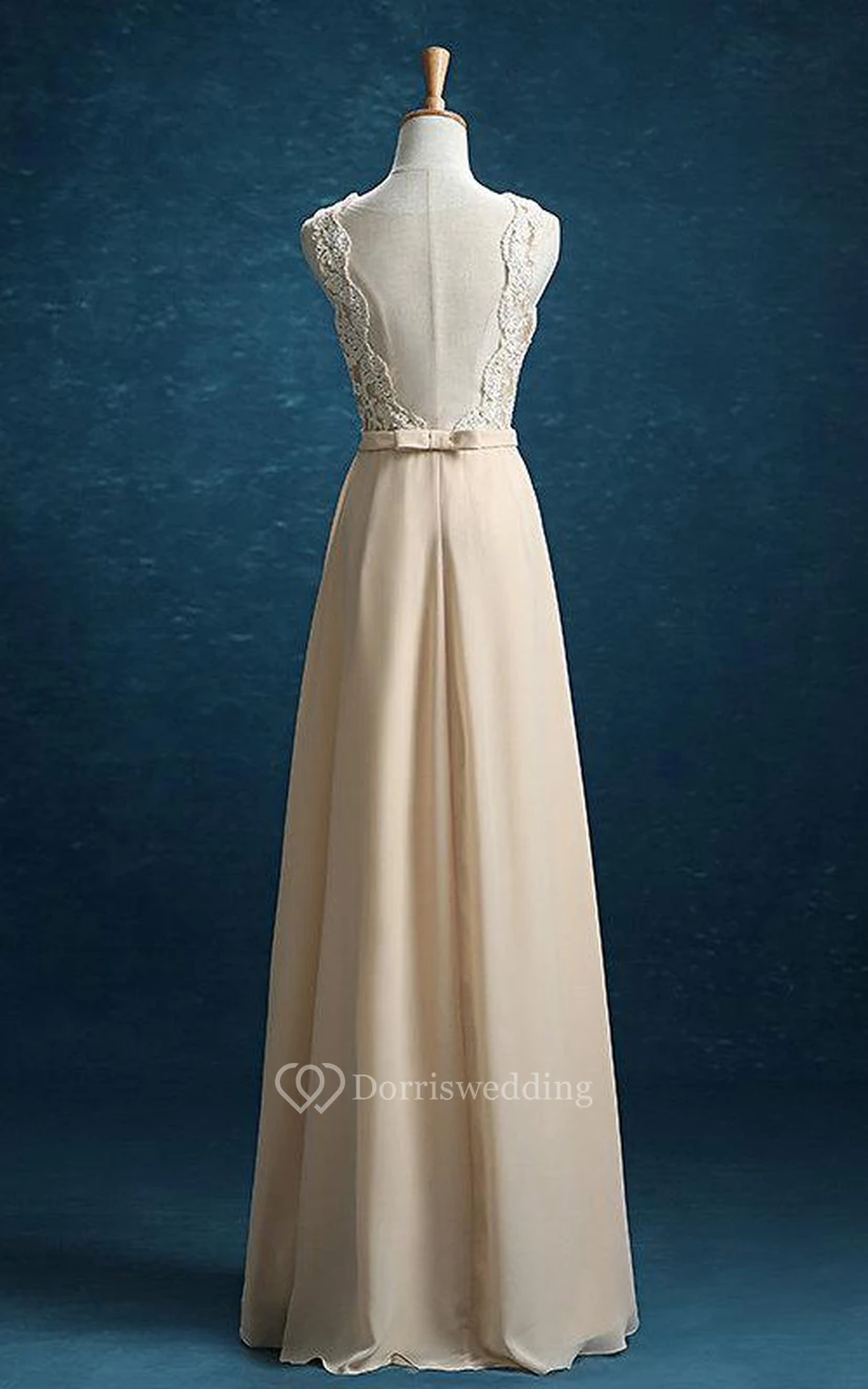 Maxi Strapped Chiffon Dress With Lace And Belt view 2