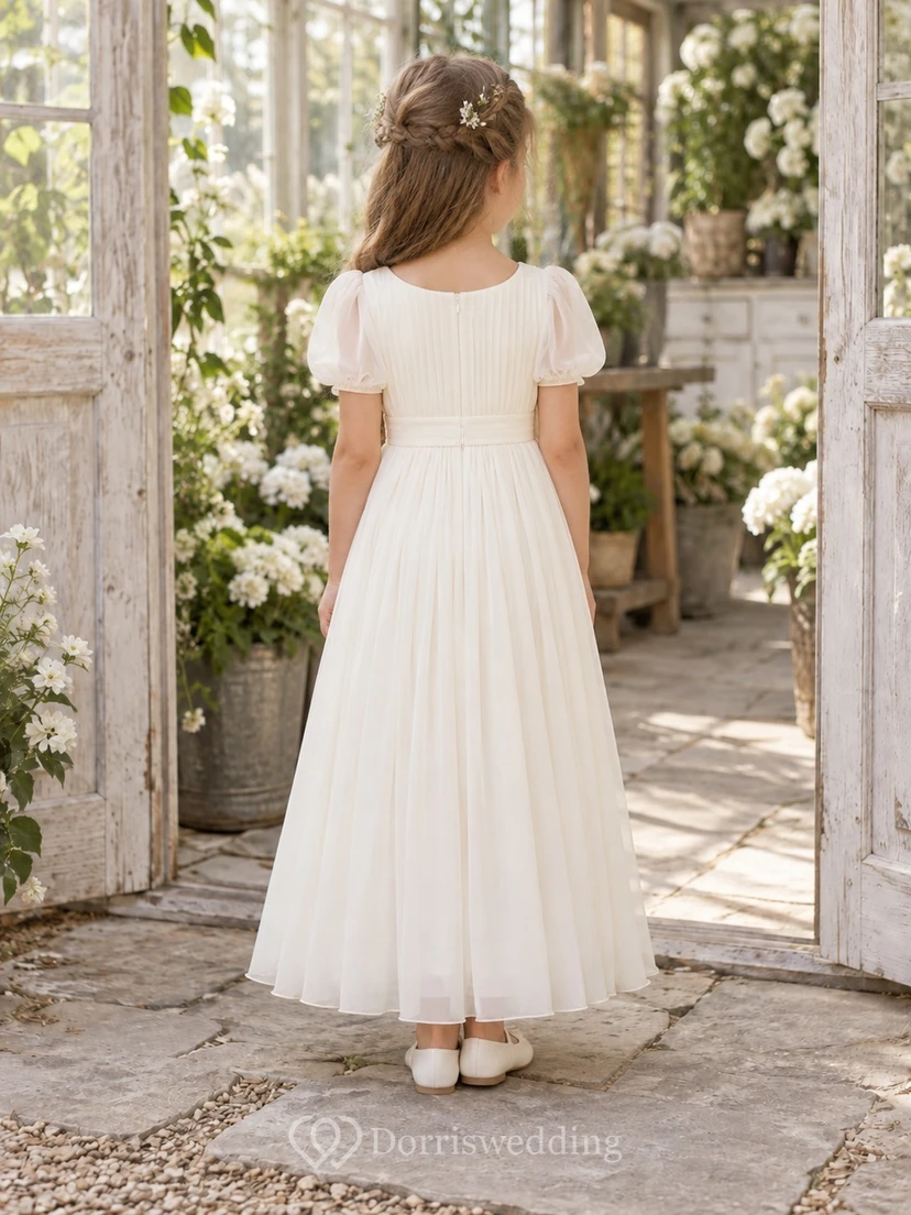 Einfaches elfenbeinfarbenes Chiffon-Blumenmädchenkleid mit Rundhalsausschnitt, Puffärmeln und Falten, mit Falten und Plissee-Optik view 2