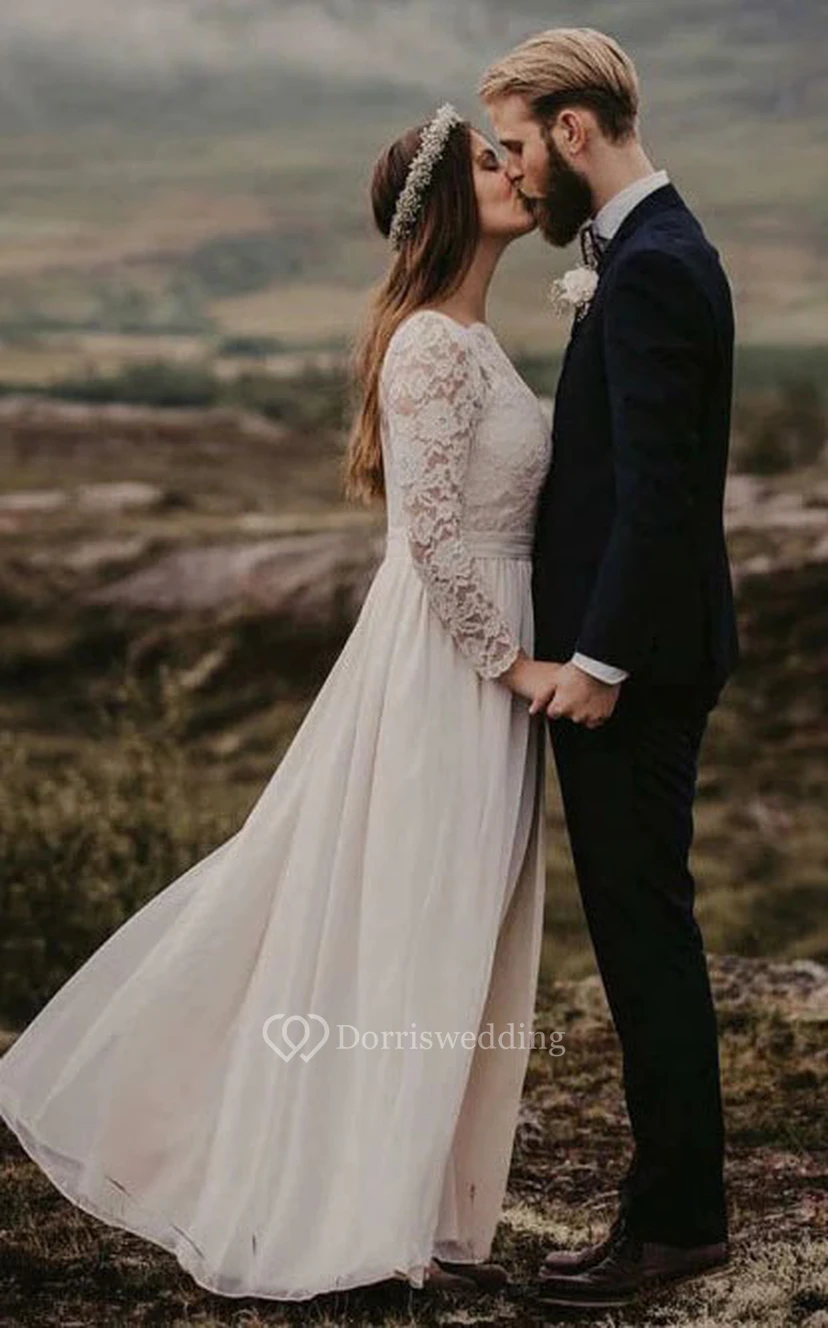 Robe de mariée fourreau en mousseline à col bateau, manches longues et dos nu, en dentelle et mousseline, avec encolure bateau et dos nu. view 3