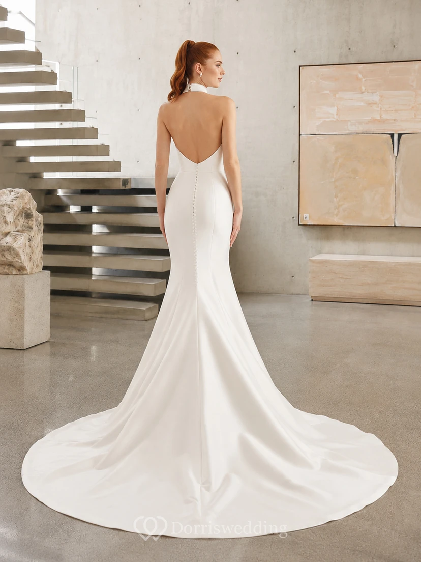 Stretch Satin Wedding Dress Mermaid Halter Sleeveless Sweep Train Open Back Bridal Gown view 2