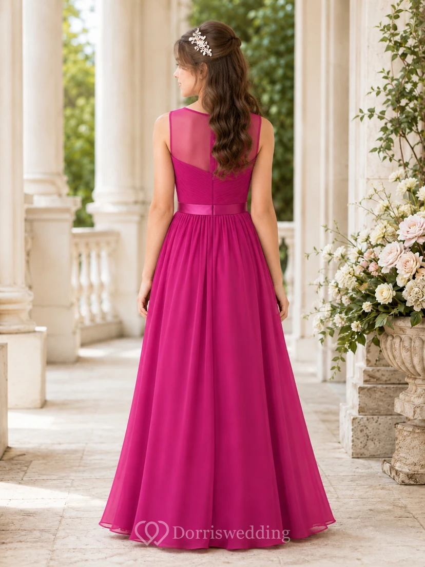 Fuchsiafarbenes Brautjungfernkleid für junge Damen, A-Linie, bodenlang, hoher Kragen, ärmellos, Illusion-Passe, romantisch view 2