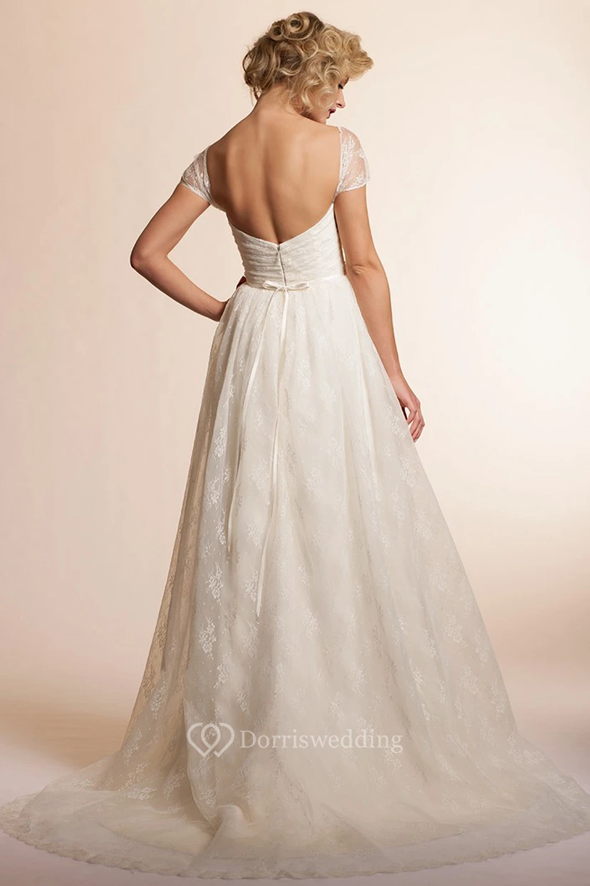 A-Line Floor-Length Cap-Sleeve Lace Wedding Dress With Ruching And Deep-V Back view 2