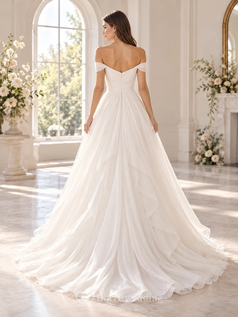 Off Shoulder Ruched Tulle Ruffled A-line Train Wedding Dress view 2