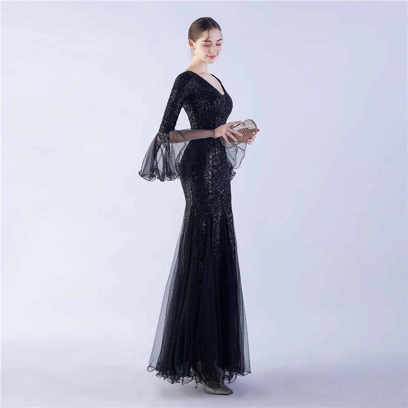 Vestido de noche con lentejuelas, bordado de malla encriptada, estilo artesanal de seda de pez y borde ondulado. view 41