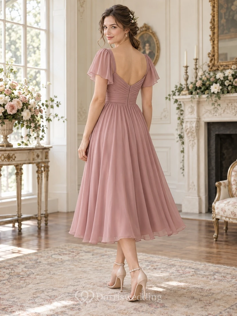 Vestido de dama de honor de gasa color rosa empolvado, manga corta, largo hasta la rodilla y escote corazón. view 2