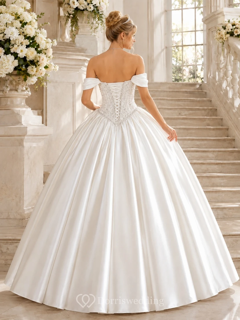 White Princess Off-Shoulder Beaded Satin Ball Gown Floor-Length Quinceanera Dress view 2