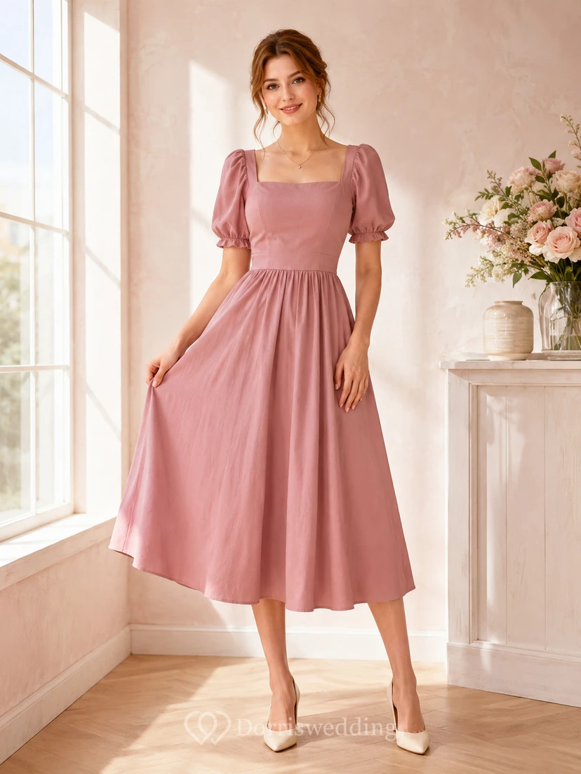 Vestido de cóctel vintage de satén color rosa empolvado con escote cuadrado y mangas abullonadas, corte en A y largo hasta la rodilla.