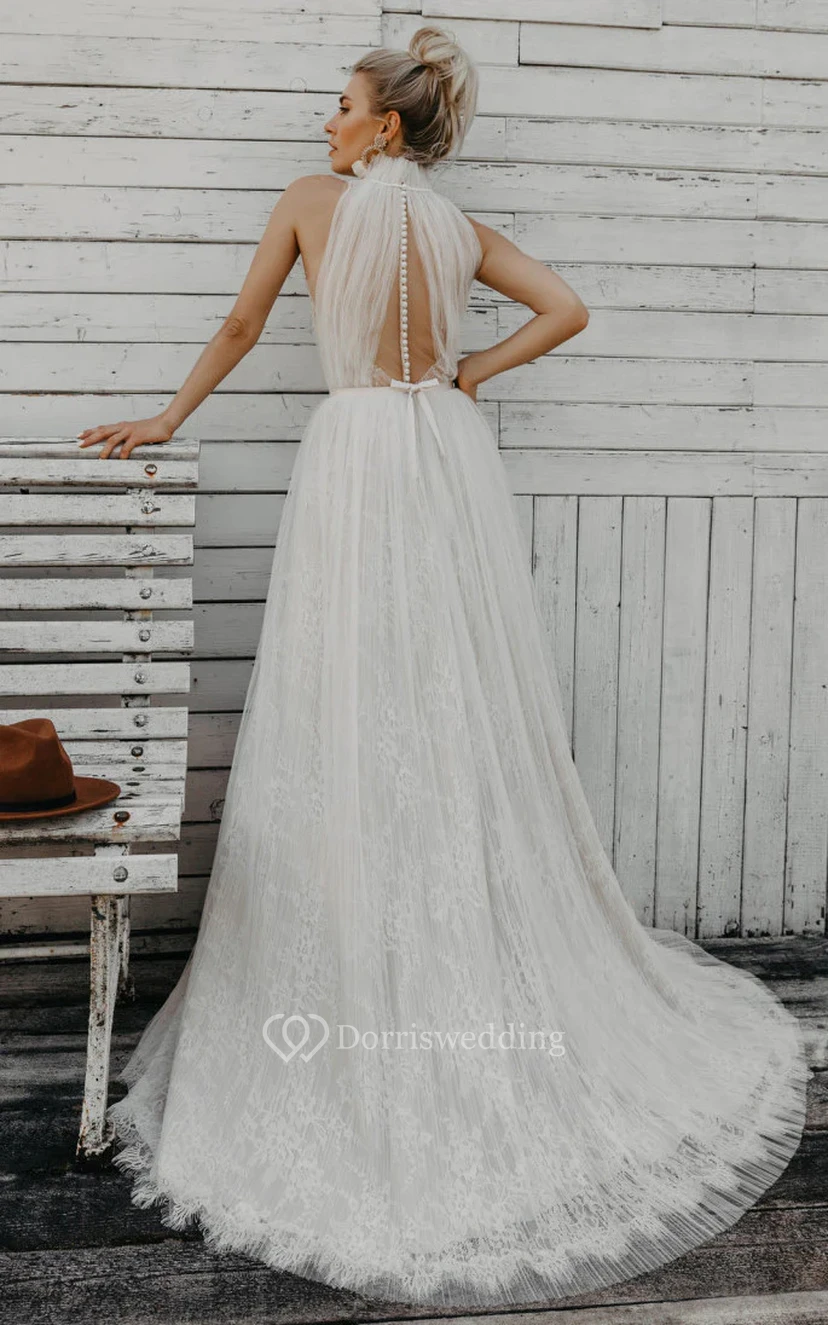 Ethereal Illusion High-neck Tulle Lace Flowy Country Wedding Dress view 2
