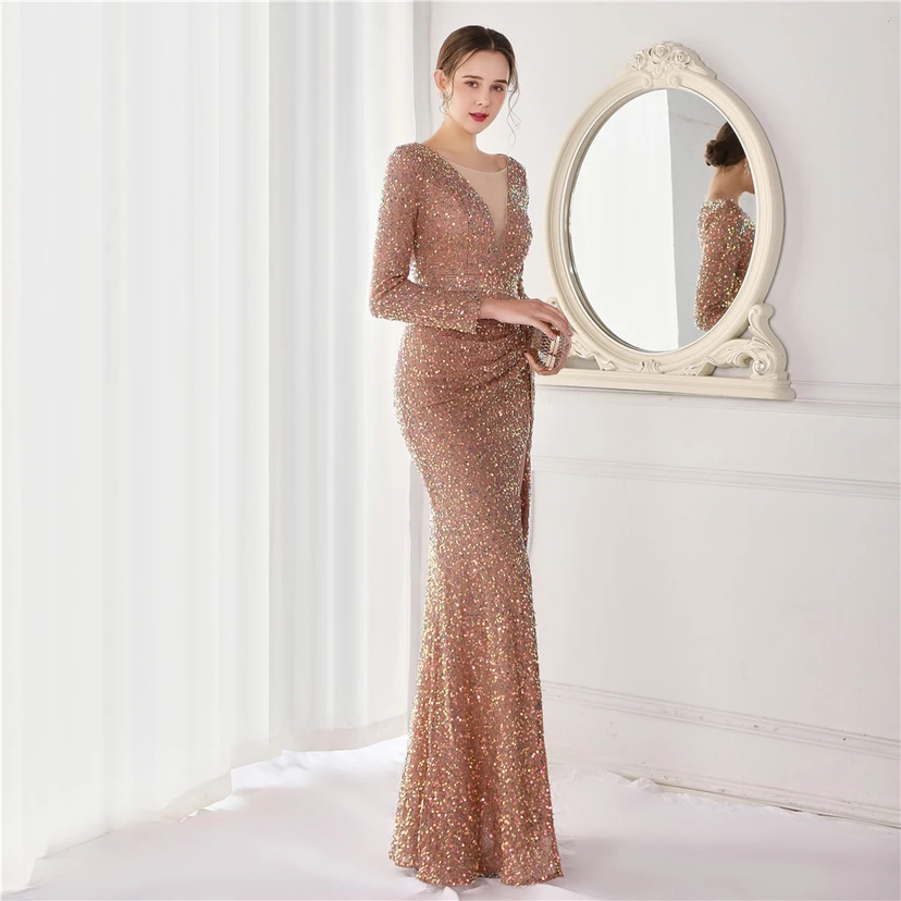 Elegantes, langes Paillettenkleid mit langen Ärmeln und Meerjungfrauenschnitt – ein Abendkleid im Aura-Queen-Stil für festliche Anlässe. view 43