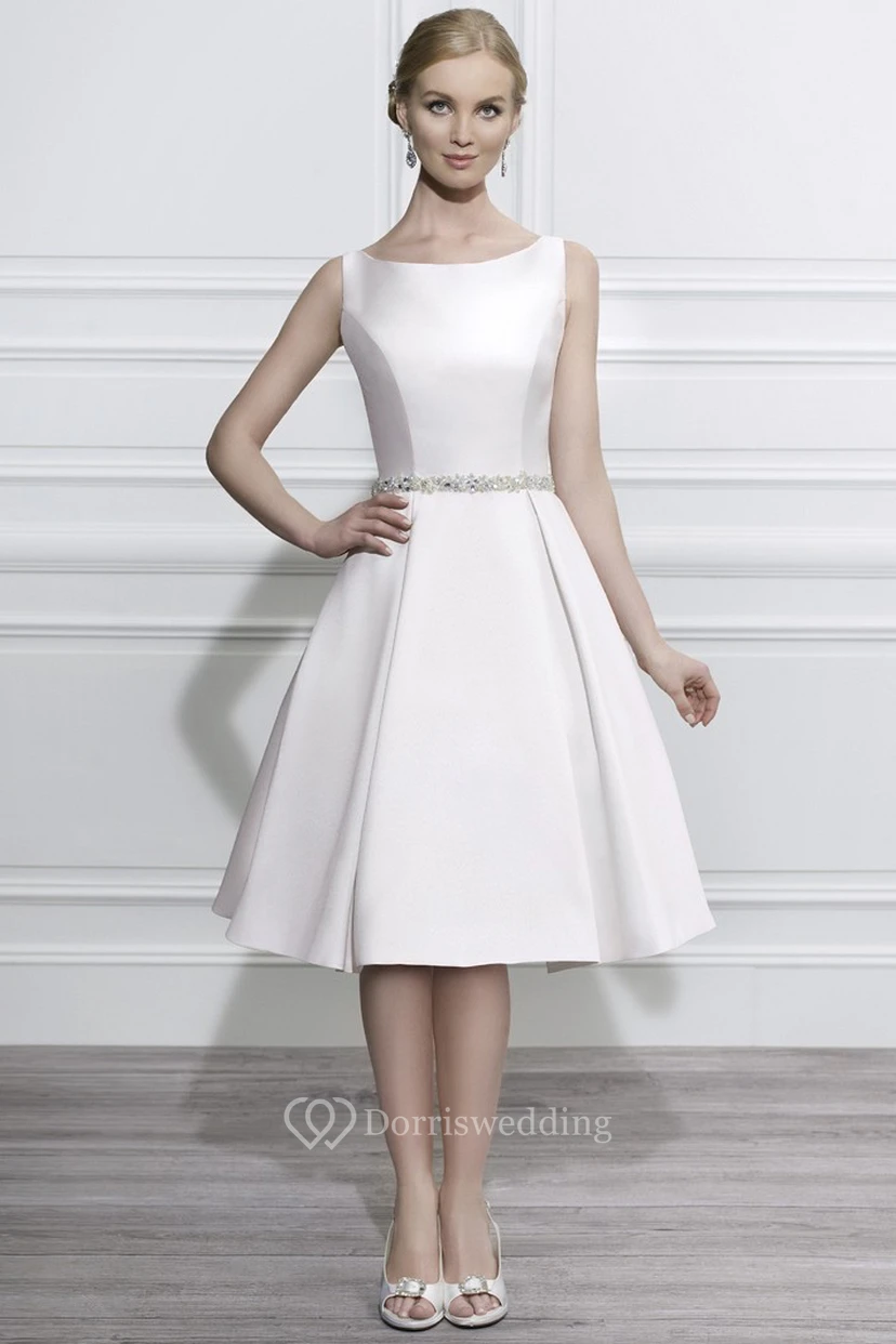 Scoop Midi Jeweled Satin Wedding Dress With Illusion