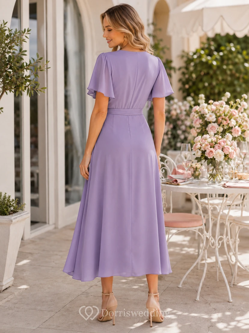 Soft Lavender Wrap Flutter Sleeve Asymmetrical Midi Guest Dress view 2