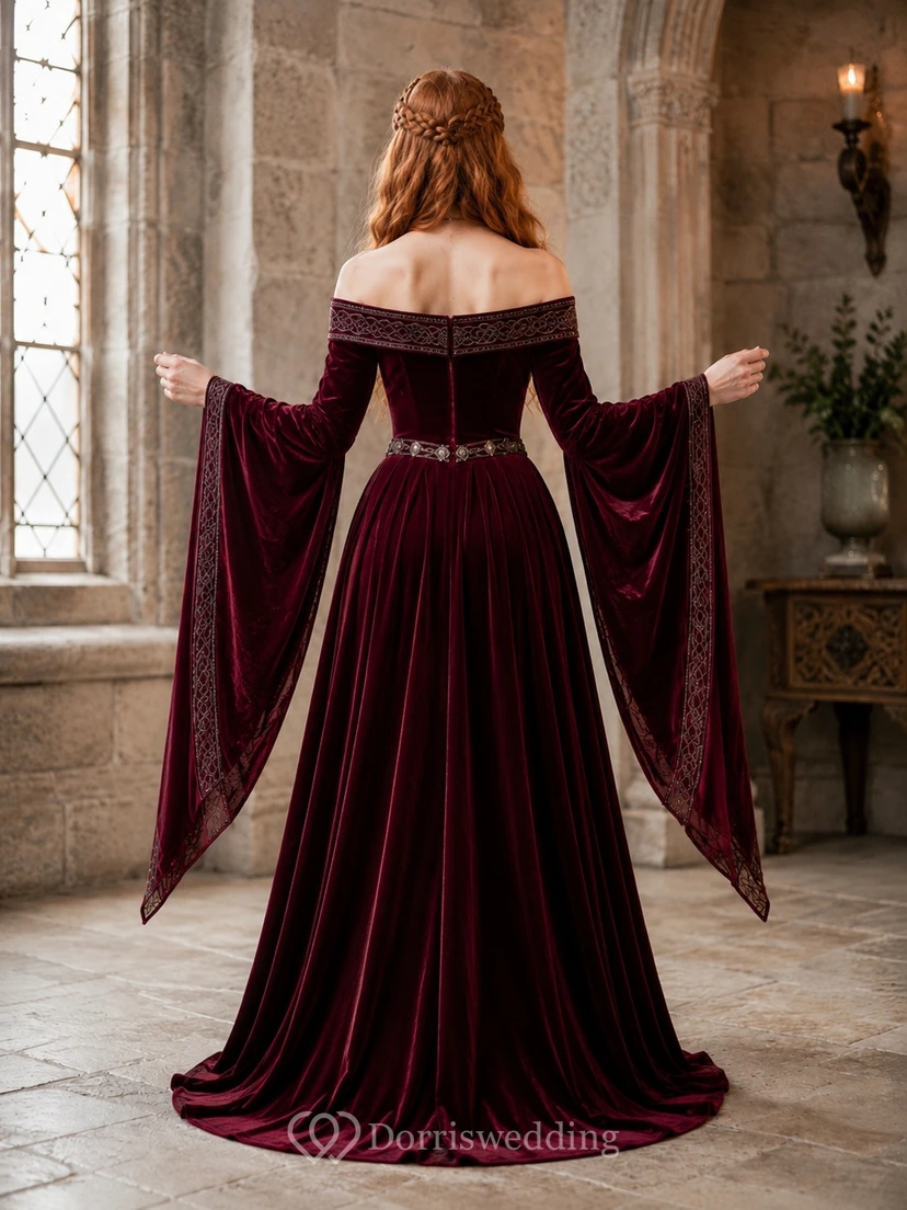 Burgundy Off-the-Shoulder Long-Sleeve Bell-Sleeve Velvet Tiered Ball Gown view 2