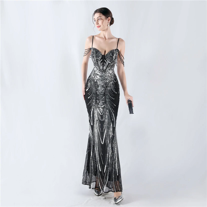Waist-Reduced Fishbone Shaping Positioning Flower Sequined Anchor Sexy Beaded Suspender Evening Dress view 85