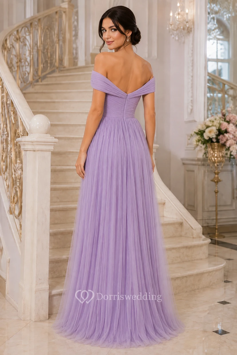 Plus Size Lavendelfarbenes schulterfreies Tüll-Abendkleid in A-Linie mit herzförmigem Oberteil view 2