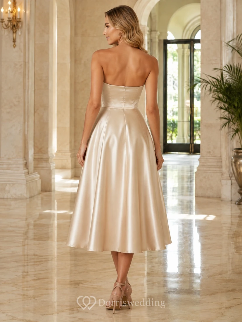 Champagne Elegant Strapless Satin A-Line Tea-length Midi Cocktail Dress view 2